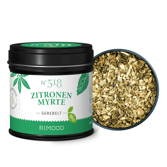 Geöffnete Dose mit Bio Zitronenmyrte, feines grünes Pulver sichtbar.