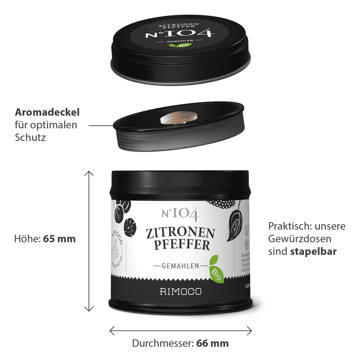 Schwarze Dose mit Aufschrift Bio Zitronenpfeffer und Aromadeckel.