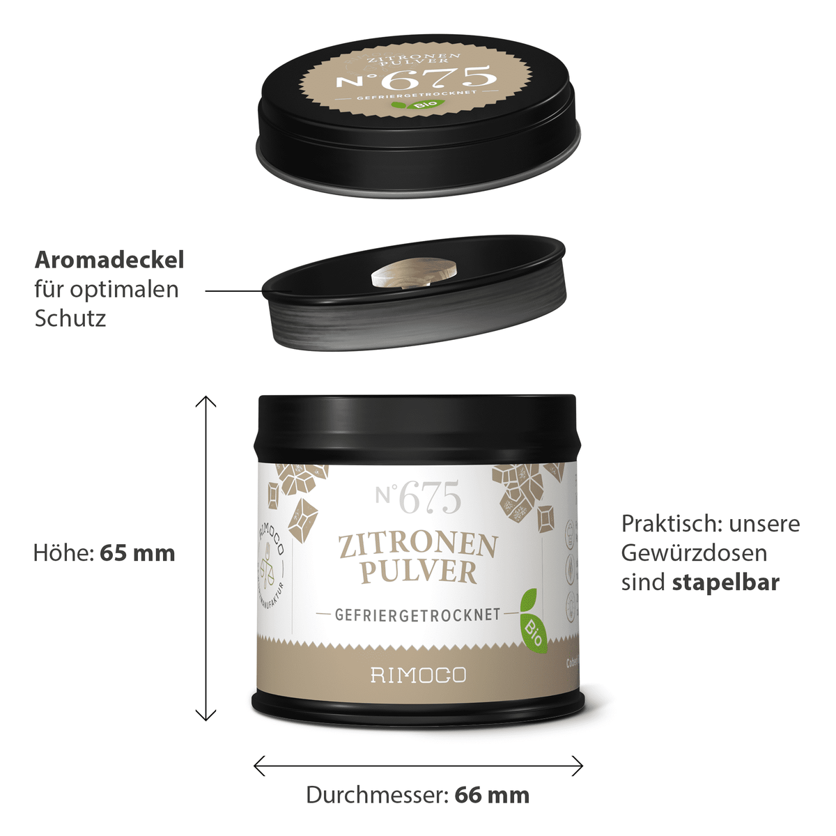 Dose Bio Zitronenpulver in Schwarz-Beige mit Stapeldeckel.