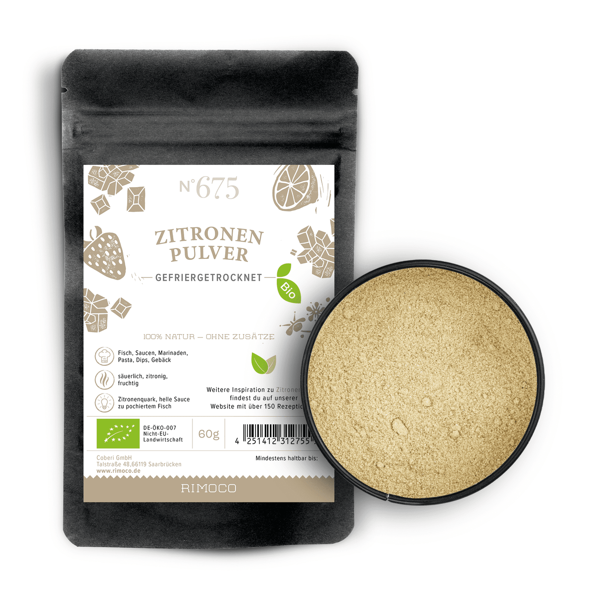 Schwarzer Beutel mit Aufschrift Bio Zitronenpulver neben geöffneter Dose mit Zitronenpulver.