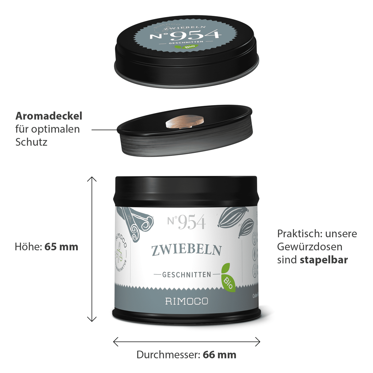 Bio Zwiebeln getrocknet Gewürzdose rund, schwarz mit Deckel.