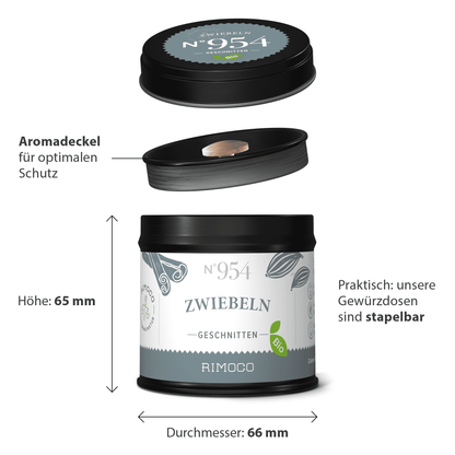 Bio Zwiebeln getrocknet Gewürzdose rund, schwarz mit Deckel.