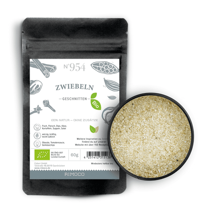 Bio Zwiebeln getrocknet Packung und Schale mit getrockneten Zwiebelscheiben.